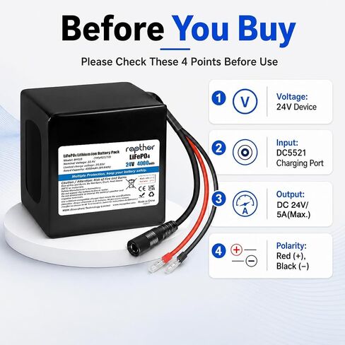 rapthor 24V 4Ah LiFePO4 Lithium Battery with 25.6V Charger, Bare Wire Leads in Kuwait