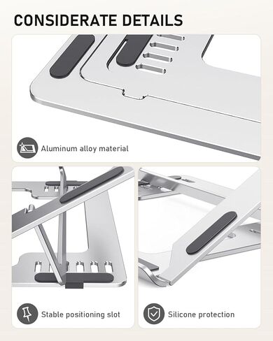 MALLRACE Adjustable Laptop Stand, Ergonomic Aluminum Portable Computer Riser, Adjustable Laptop Stand with Multiple Height and Angle Settings for Optimal Viewing and Typing Position, Silver in Kuwait