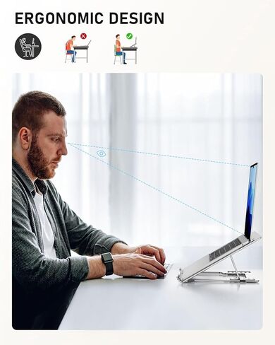 MALLRACE Adjustable Laptop Stand, Ergonomic Aluminum Portable Computer Riser, Adjustable Laptop Stand with Multiple Height and Angle Settings for Optimal Viewing and Typing Position, Silver in Kuwait