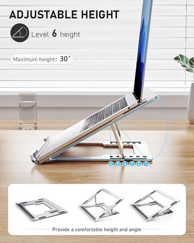 MALLRACE Adjustable Laptop Stand, Ergonomic Aluminum Portable Computer Riser, Adjustable Laptop Stand with Multiple Height and Angle Settings for Optimal Viewing and Typing Position, Silver in Kuwait