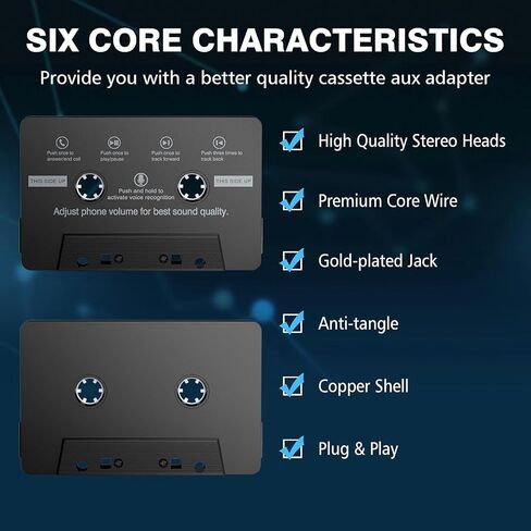 Mersoco Car Cassette Audio Adapter with Hands-Free Calling Microphone, Universal Cassette Tape Aux Adapter for Car, MP3 Player, Smartphone, 3.2 Feet Cable in Saudi Arabia