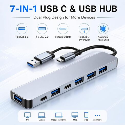 VIENON Aluminum USB C & USB Hub 7-in-1 with USB 3.0, USB-C Ports for PC/Laptops/MacBook Pro/Air/iMac/iPad and More Devices in Saudi Arabia