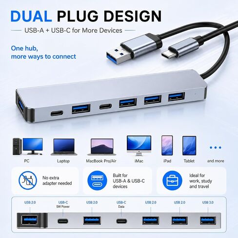 VIENON Aluminum USB C & USB Hub 7-in-1 with USB 3.0, USB-C Ports for PC/Laptops/MacBook Pro/Air/iMac/iPad and More Devices in Saudi Arabia