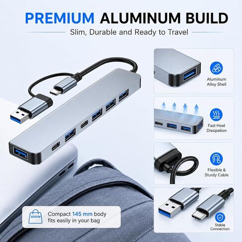 VIENON Aluminum USB C & USB Hub 7-in-1 with USB 3.0, USB-C Ports for PC/Laptops/MacBook Pro/Air/iMac/iPad and More Devices in Saudi Arabia