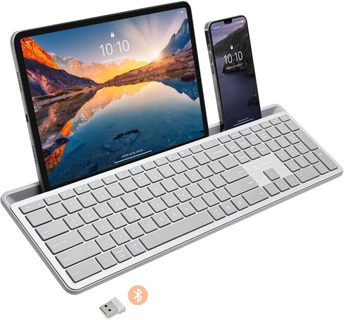 X9 Full-Size Bluetooth Keyboard with Phone Holder – Backlit Wireless Keyboard, Switch Multi-Device, Slim, Quiet, Rechargeable, w/Copilot AI for PC, Mac, iOS & Android (Silver) in Saudi Arabia