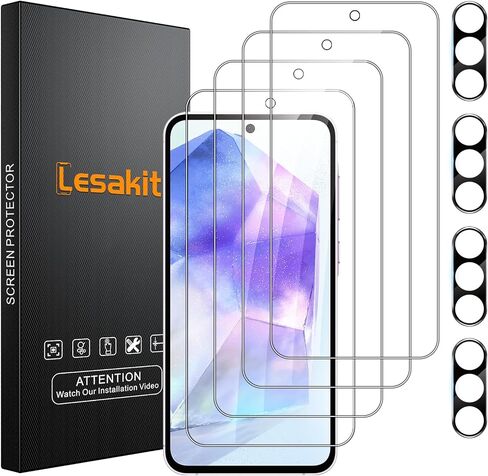 Lesakit واقي شاشة Samsung Galaxy A55 5G مكون من 4 قطع من الزجاج المقسى مع 4 قطع من واقي عدسة الكاميرا، حافظة صلابة 9H مضادة لبصمات الأصابع وخالية من الفقاعات in Kuwait
