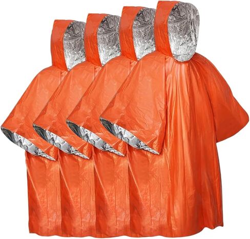 Emergency Poncho with Mylar,Thermal Poncho,Survival Rain Poncho,Lightweight, Compact, Reusable Emergency Blanket Poncho for Hiking, Camping, Thermal Gear, Car Kit, Outdoors - 4 Pack (Orange) in Kuwait