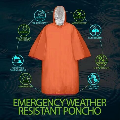 Emergency Poncho with Mylar,Thermal Poncho,Survival Rain Poncho,Lightweight, Compact, Reusable Emergency Blanket Poncho for Hiking, Camping, Thermal Gear, Car Kit, Outdoors - 4 Pack (Orange) in Kuwait