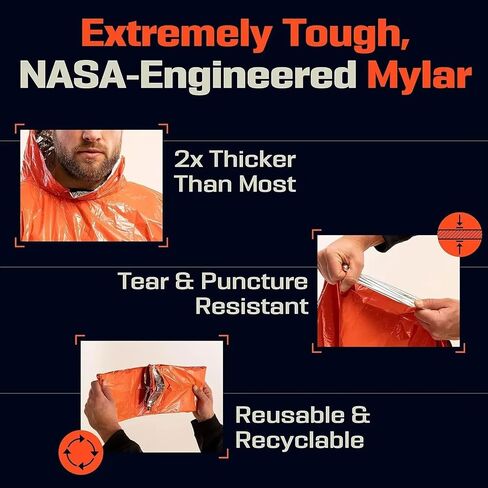 Emergency Poncho with Mylar,Thermal Poncho,Survival Rain Poncho,Lightweight, Compact, Reusable Emergency Blanket Poncho for Hiking, Camping, Thermal Gear, Car Kit, Outdoors - 4 Pack (Orange) in Kuwait