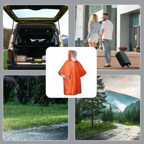 Emergency Poncho with Mylar,Thermal Poncho,Survival Rain Poncho,Lightweight, Compact, Reusable Emergency Blanket Poncho for Hiking, Camping, Thermal Gear, Car Kit, Outdoors - 4 Pack (Orange) in Kuwait