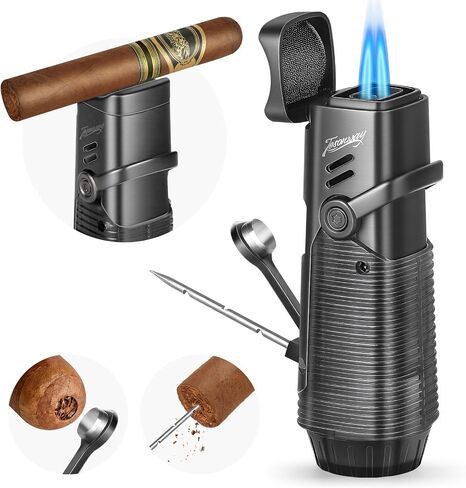 Tesonway Cigar Lighter, Windproof Refillable Butane Torch Lighter, Multifunction Cigar Accessories Butane Lighter with Cigar Holder, Cigar Draw Enhancer and Cigar Punch, Butane Not Included in Kuwait