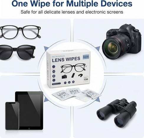Pre-Moistened Lens Wipes (120 Count) - 12 Travel-Friendly Boxes (10 Wipes per Box) - Streak-Free, Fast-Drying Eyeglass Cleaner for Glasses, Sunglasses, Phone Screens, Camera Lenses and Binoculars in Kuwait