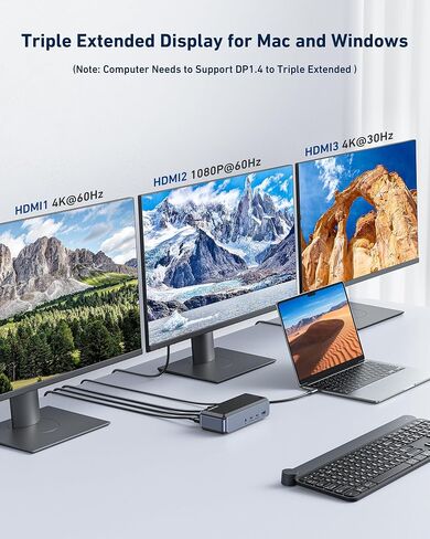 Raycue Triple Monitor USB C Docking Station - MacBook Pro Docking Station with Power Adapter for MacBook M1/M2/M3/Windows, HDMI*3, RJ45, 10Gbps USB*5, PD, USB 3.0 * 2 in Kuwait