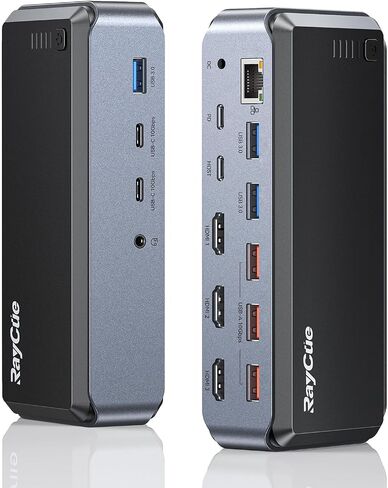 Raycue Triple Monitor USB C Docking Station - MacBook Pro Docking Station with Power Adapter for MacBook M1/M2/M3/Windows, HDMI*3, RJ45, 10Gbps USB*5, PD, USB 3.0 * 2 in Kuwait