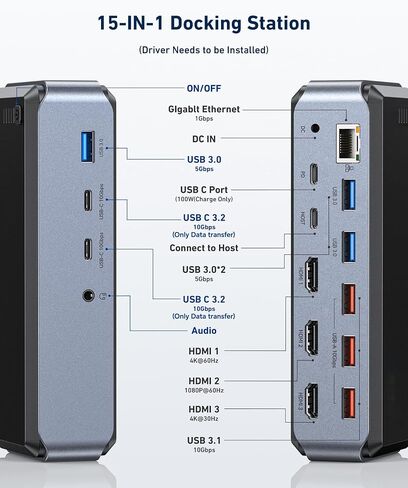 Raycue Triple Monitor USB C Docking Station - MacBook Pro Docking Station with Power Adapter for MacBook M1/M2/M3/Windows, HDMI*3, RJ45, 10Gbps USB*5, PD, USB 3.0 * 2 in Kuwait