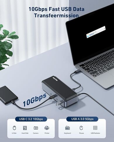 Raycue Triple Monitor USB C Docking Station - MacBook Pro Docking Station with Power Adapter for MacBook M1/M2/M3/Windows, HDMI*3, RJ45, 10Gbps USB*5, PD, USB 3.0 * 2 in Kuwait