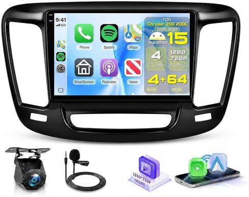 4 Core 4G+64G Android Car Stereo for Chrysler 200 200C 2015 2016 2017 with 9 inch 1280*720 Incell Touchscreen DSP/Wireless Carplay/Android Auto, Sellrich Radio Bluetooth 5.0 FM/RDS/EQ SWC Backup Cam in Kuwait