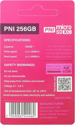 بطاقة ذاكرة PNI بسعة 256 جيجابايت مع محول SD فئة 10، بسرعة 80 ميجابايت/ثانية، V30 in Kuwait