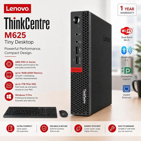 Lenovo ThinkCentre Mini Desktop Computer with AMD Processor & Graphics, 8GB DDR4 RAM, 256GB SSD, Windows 11, Wi-Fi, Bluetooth, 2X DisplayPort, RJ-45 Port, USB, for Daily Work, Wired Keyboard & Mouse in Kuwait