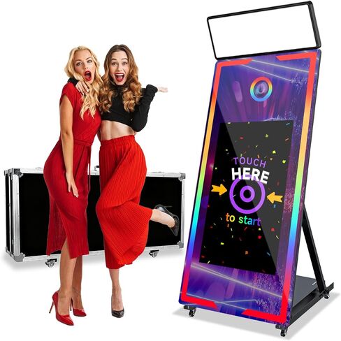 62“ Magic Mirror Photo Booth with 32'' Interactive Touch Screen,Mirror Photo Booth with Fligt Case, APP Remote Control RGB Fill Light,Instant Print and Share for Parties Events in Saudi Arabia