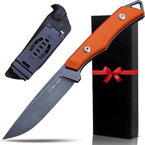 BA-KOR 9Cr18MoV full-blade fixed knife with G10 handle, 8 inches long, 4mm thick stone-washed finish, and Kadesco sheath. Suitable for camping, survival in the jungle and outdoor survival. (C10 stem (orange) - distressed black) in Saudi Arabia