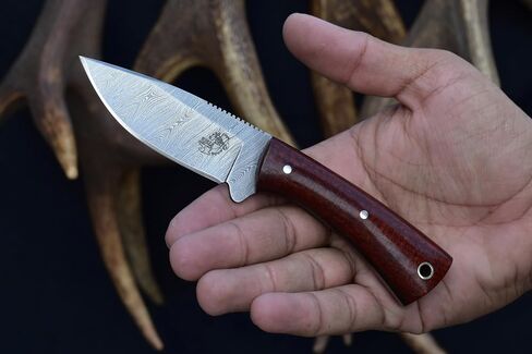 Knives Ranch 6" EDC Fixed Blade Knife, Damascus Skinning Knife, Burlap Micarta Handle - Heavy-duty Horrizontal Carry Sheath Snug Fit (4402-SCARLET) in Saudi Arabia