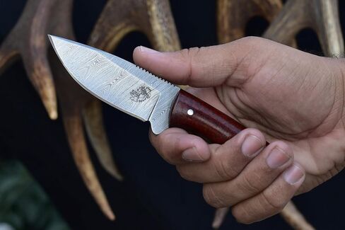 Knives Ranch 6" EDC Fixed Blade Knife, Damascus Skinning Knife, Burlap Micarta Handle - Heavy-duty Horrizontal Carry Sheath Snug Fit (4402-SCARLET) in Saudi Arabia