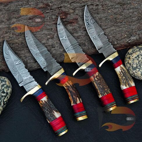 Custom Handmade Damascus Steel Hunting Knives Beautiful Handle, With Leather Sheath(LOT OF 4) in Kuwait