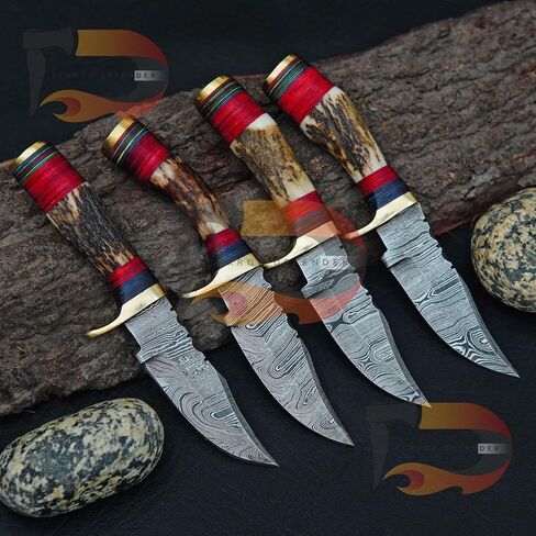 Custom Handmade Damascus Steel Hunting Knives Beautiful Handle, With Leather Sheath(LOT OF 4) in Kuwait
