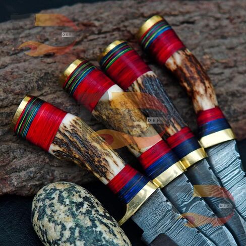 Custom Handmade Damascus Steel Hunting Knives Beautiful Handle, With Leather Sheath(LOT OF 4) in Kuwait