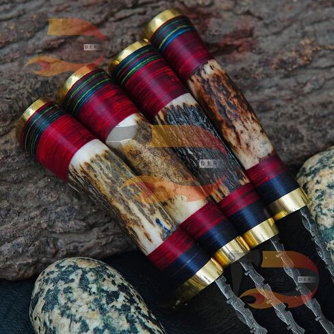 Custom Handmade Damascus Steel Hunting Knives Beautiful Handle, With Leather Sheath(LOT OF 4) in Kuwait