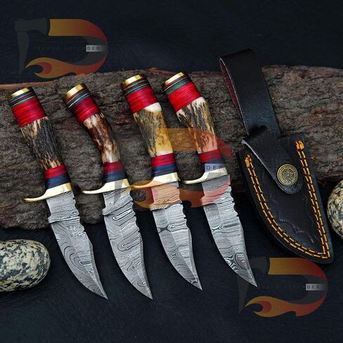 Custom Handmade Damascus Steel Hunting Knives Beautiful Handle, With Leather Sheath(LOT OF 4) in Kuwait