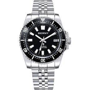 BERNY Dive Watch for Men AR Coating Sapphire Glass Rotating Bezel Automatic Wristwatch with Screw-in Crown 20ATM Waterproof Stainless Steel Bracelet Watches Super Luminous, White