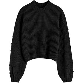CHICWISH Women's White/Black/Pumpkin Dotted Round Neck Puff Sleeve Long Sleeve Crop Fuzzy Knit Oversized Sweater Pullover