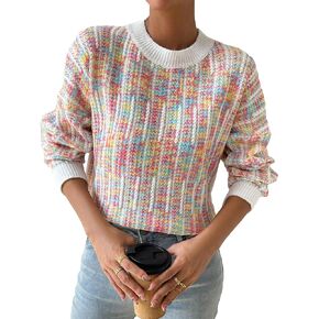 WDIRARA Women's Space Dye Sweater Drop Shoulder Long Sleeve Round Neck Pullover Tops