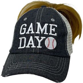 Cocomo Soul Womens Game Day Baseball Hat | Game Day Baseball Messy Bun High Ponytail Hat | Game Day Baseball Cap | Baseball Mom Hat | 211 Dark Grey
