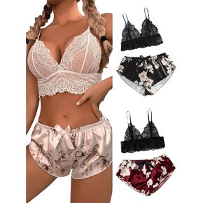 WDIRARA Women's 3 Sets Pajama Bralette and Satin Shorts Sleepwear Lingerie Pajama Set