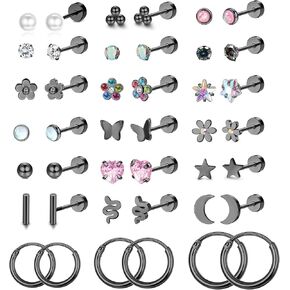 LOYALLOOK 21Pairs Small Stud Earrings for Women Men Stainless Steel Tiny Stud Earrings Sets Moon Star Snake Flat Back Earrings Helix Cartilage Hoop Earrings in Kuwait