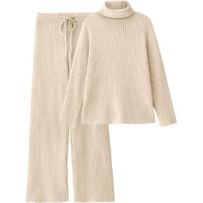 LILLUSORY Women's 2 Piece Outfits Turtleneck Sweaters Lounge Set and Wide Leg Pants Cozy Knit Sweatsuit Sets