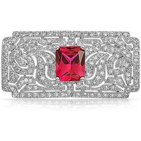 Big Vintage Estate Jewelry Scroll Cubic Zirconia Simulated Green Emerald Red Ruby Blue Sapphire AAA CZ Rectangle Filigree Statement Art Deco Style Brooch Pin For Women Silver Plated