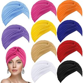 BISMAADH 10 Pieces Stretch Turbans Head Beanie Cap Chemo Head Wraps Hair Cover Hats Assorted Colors Twisted for Women Girl