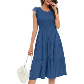 Womens Elegant Evening Party Dress Flutter Sleeve Midi Summer Beach V Neck Sundress Casual Tiered Smocked