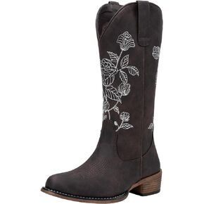 Jeossy Women's 9807 Embroidery Flower Western Square Toe Knee High Cowboy Boots