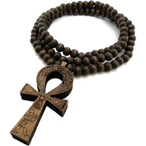 Fashion 21 Egyptian Ankh Cross Pendant 8mm 36" Wooden Bead Necklace Brown- Tone XJ217BRN