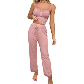 Verdusa Women's 2 Piece Lace Trim Button Front Cami Top & Pants Pajama Lounge Set
