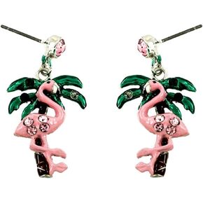DianaL Boutique Beautiful Pink Flamingo and Palm Tree Earrings Stud Rhinestone Crystal Enamel Gift Boxed