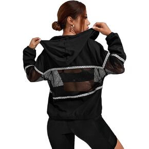 Floerns Women's Contrast Mesh Long Sleeve Drawstring Hoodie Sports Jacket