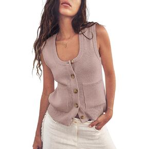 Yousify Womens Sweater Vest Summer Ribbed Tank Tops Sleeveless Button Down Shirts Scoop Neck Top for Women
