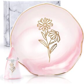 Nefelibata Rose Jewelry Dish Birth Month Gifts for Women Flower Pink Marble Ceramic Trinket Tray with Gold Floral Ring Holder June Engagement Ring Dish Birthstone Birthday Mother's Day Gift for Her
