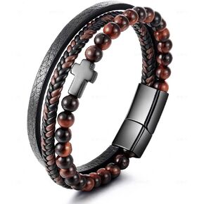 Panifio Religion Cross Multilayer Braided Leather Bracelet for Men Natural Tiger Eye Beads Stone Cross Bracelet